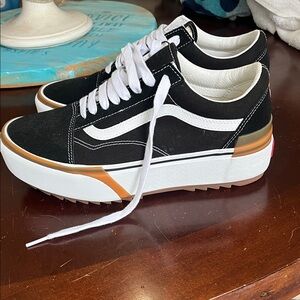 Vans Black and White Sneakers with Tan Accents